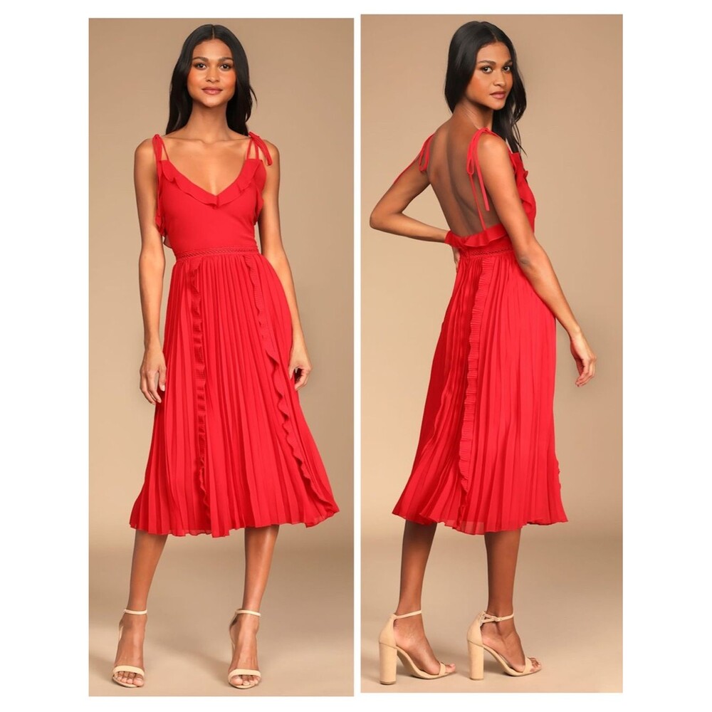 Lulus Never a Dull Moment Bright Red Tie-Strap Pleated Midi Dress Size XL Party